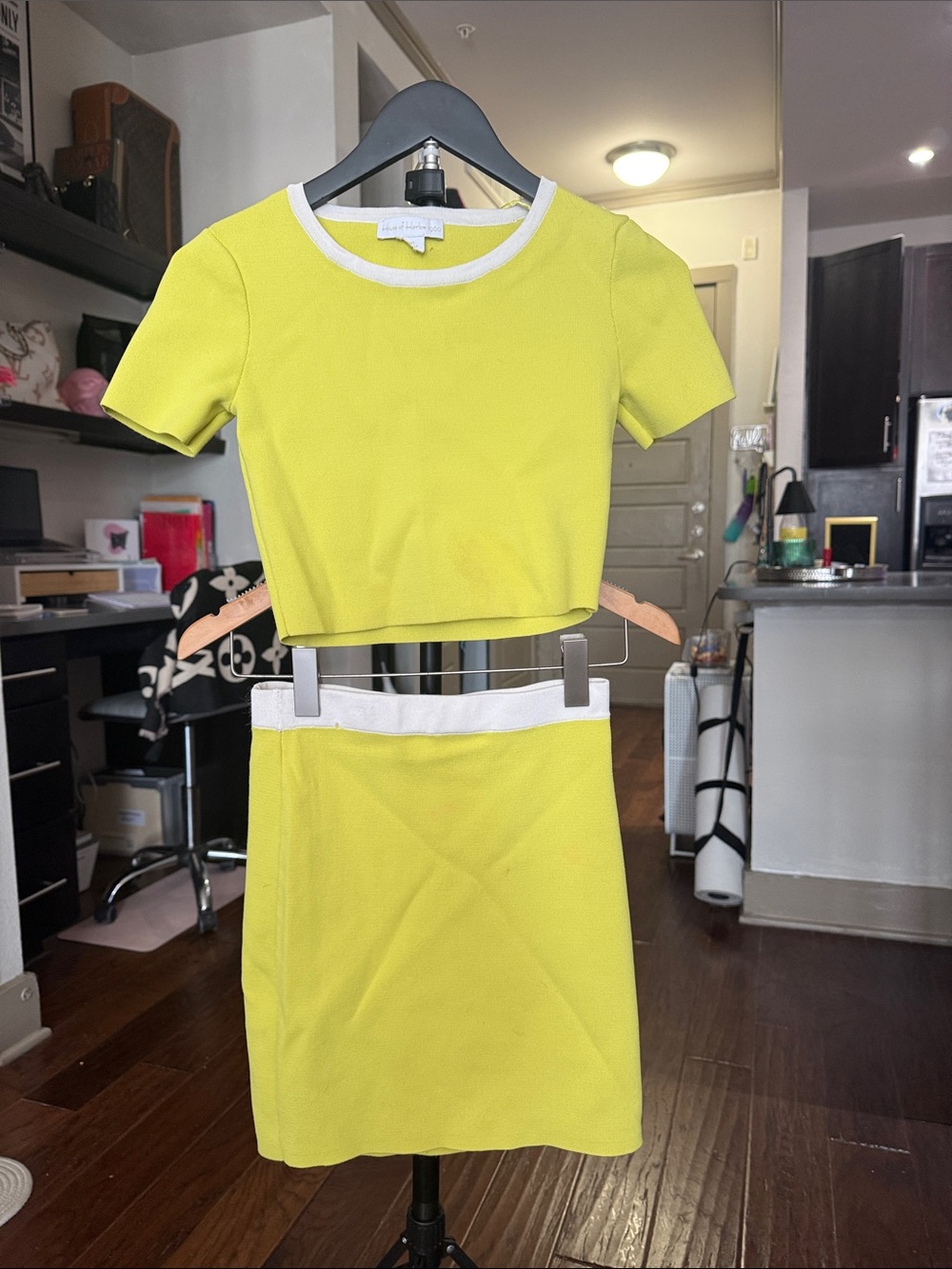 House of Harlow 1960 Lemon Yellow Cropped Top and Skirt Set with White Trim